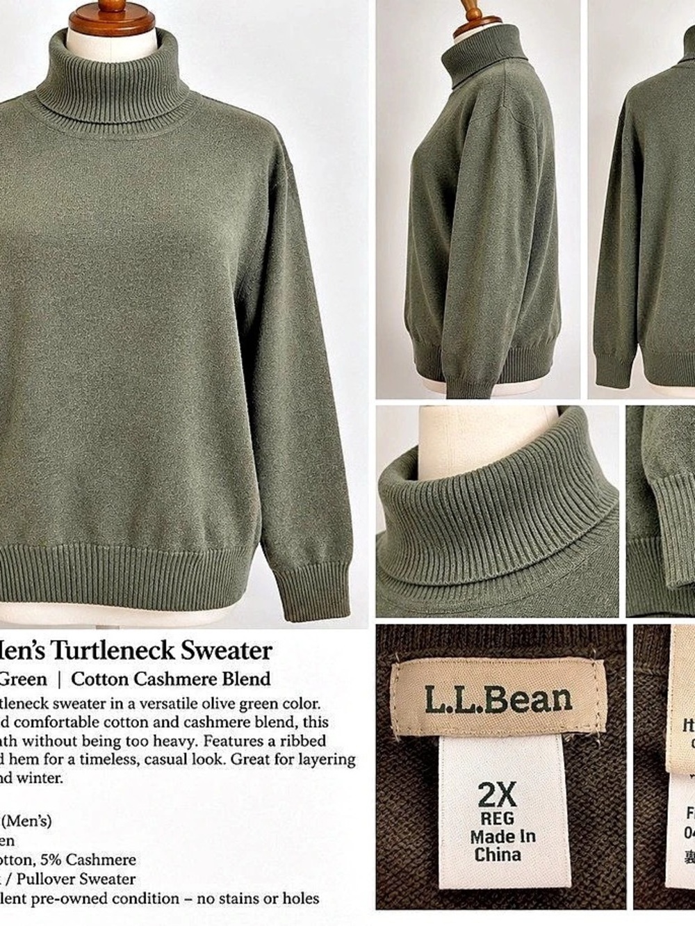 L.L.Bean Men’s Turtleneck Sweater 2X Olive Green 95% Cotton 5% Cashmere